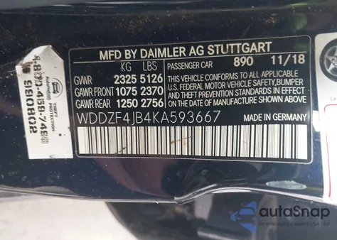 2019 Mercedes-Benz E 300 из США, поврежденный, VIN WDDZF4JB4KA593667